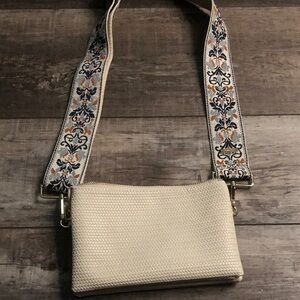 Cream Textured Crossbody Bag with Patterned Adjustable Strap